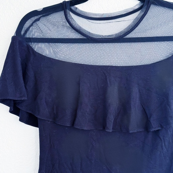 Karen Millen Black Mesh Ruffle Top Sheer Neckline Fitted Blouse - Picture 3 of 4